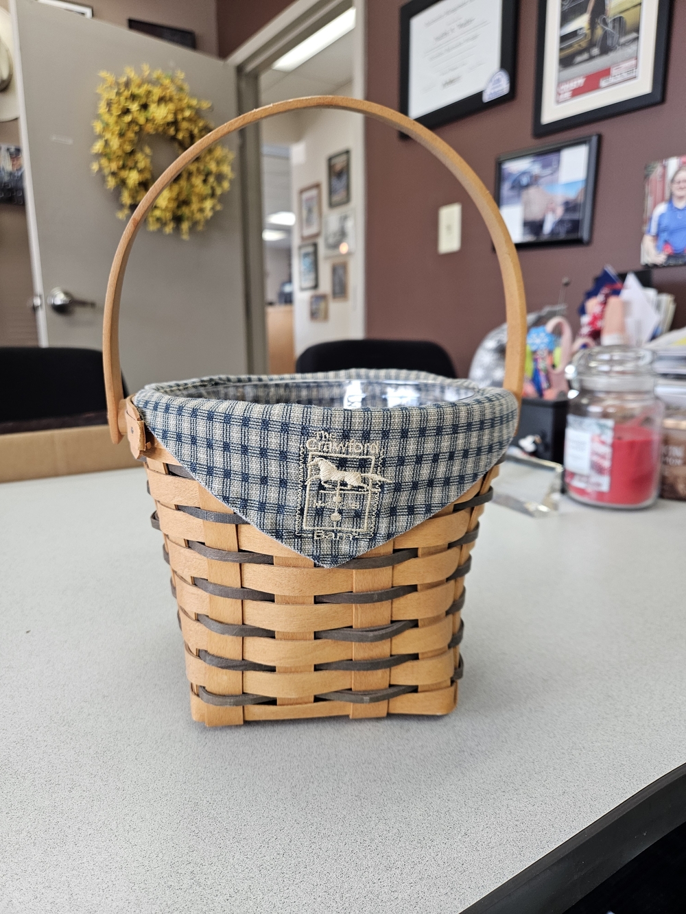 Longaberger Woven Basket with Blue Plaid Liner CRAWFORD BARN. liner And prot.